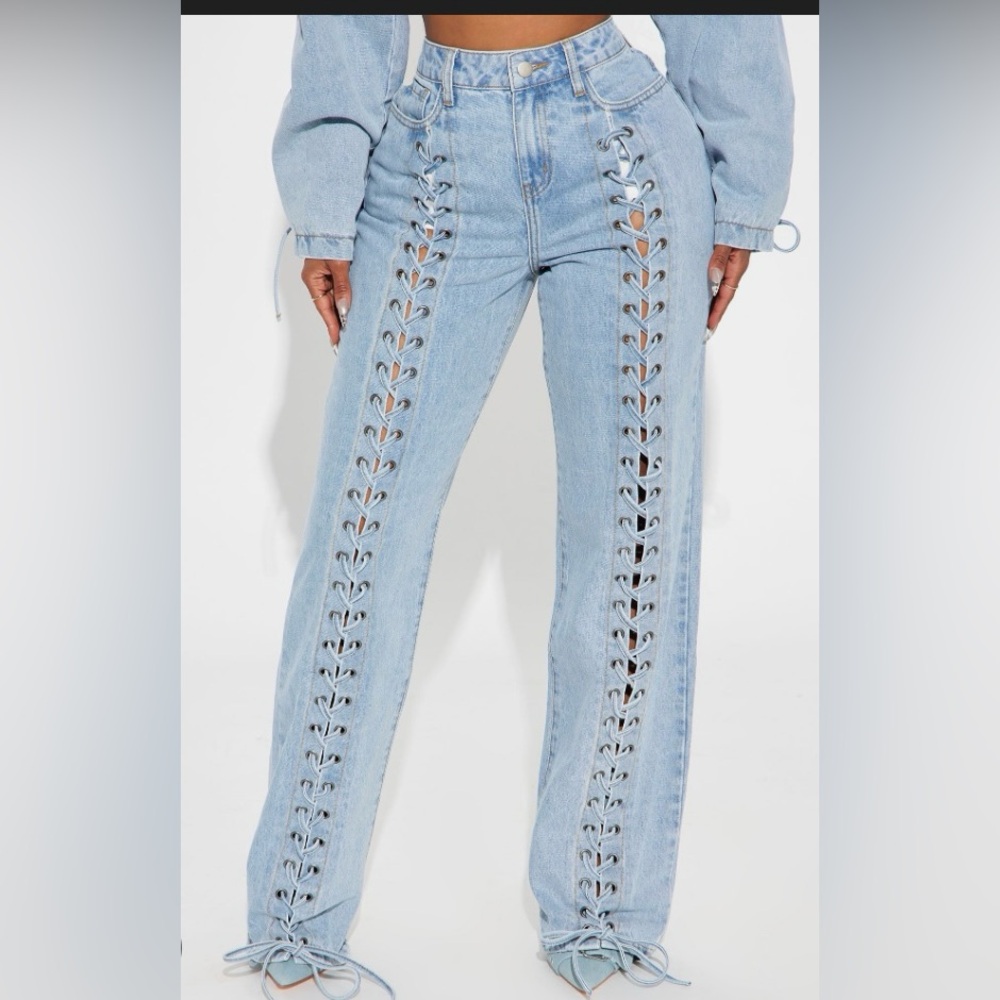 Fashion Nova Light Blue Flare Jeans with Lace Detailing
